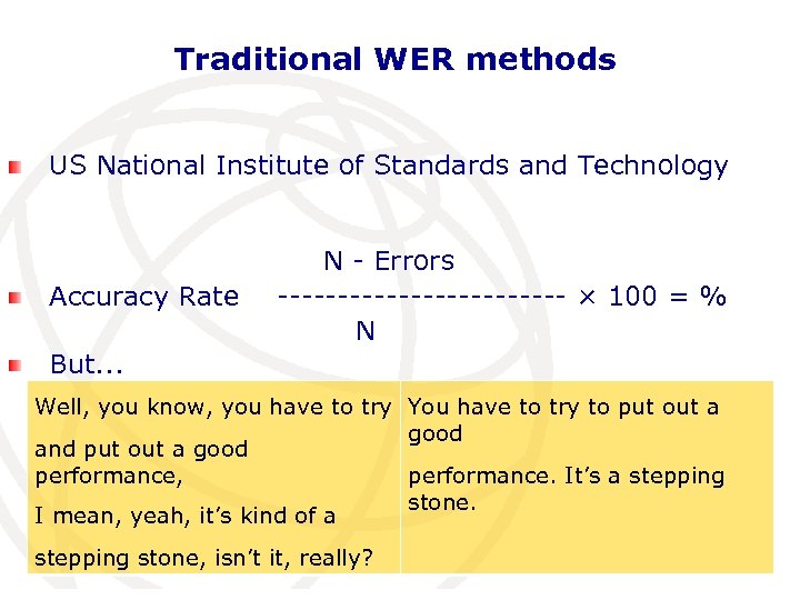Traditional WER methods US National Institute of Standards and Technology Accuracy Rate N -