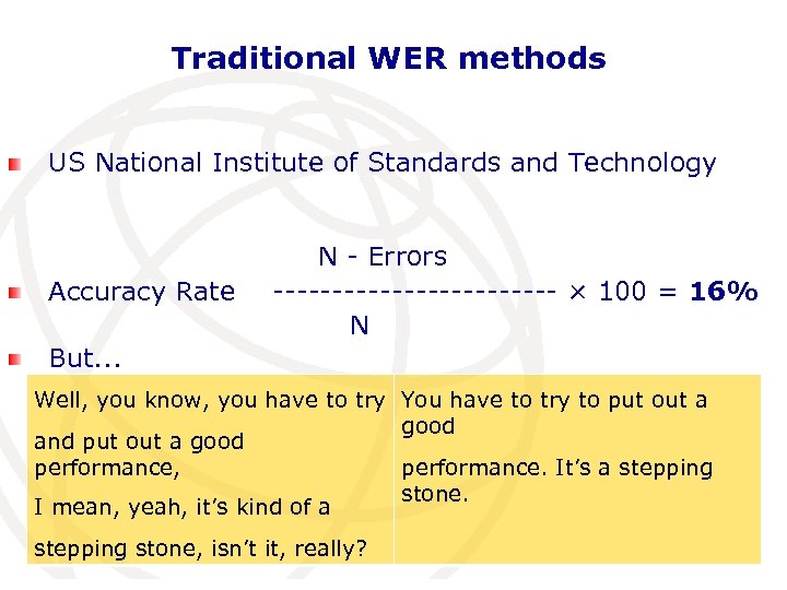 Traditional WER methods US National Institute of Standards and Technology Accuracy Rate N -