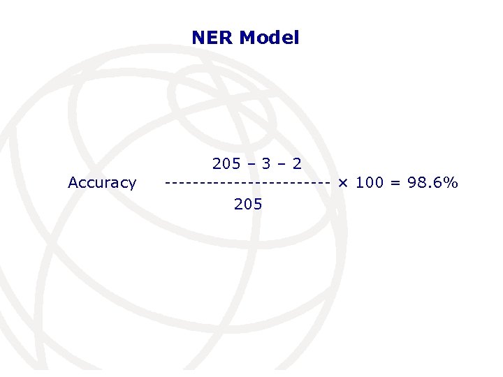 NER Model Accuracy 205 – 3 – 2 ------------ × 100 = 98. 6%
