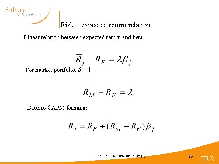 Risk – expected return relation Linear relation between expected return and beta For market
