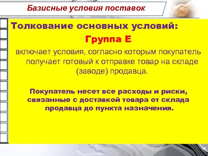 Какие условия согласно. Группы базисных условий поставки. Общие условия поставки. Базисные условия поставки включают группы. Группы базовых условий поставщика.