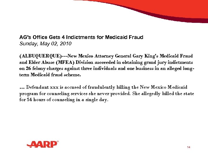 AG's Office Gets 4 Indictments for Medicaid Fraud Sunday, May 02, 2010 (ALBUQUERQUE)---New Mexico