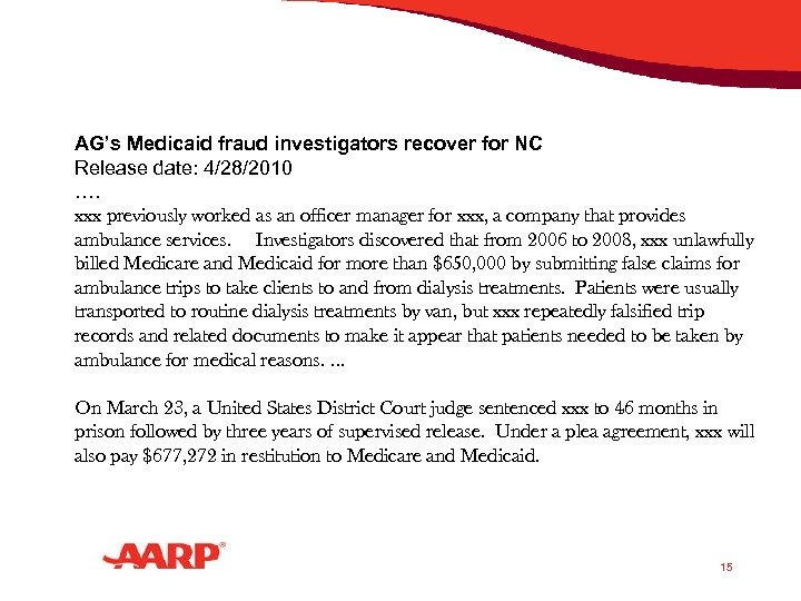 AG’s Medicaid fraud investigators recover for NC Release date: 4/28/2010 …. xxx previously worked