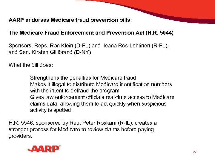 AARP endorses Medicare fraud prevention bills: The Medicare Fraud Enforcement and Prevention Act (H.