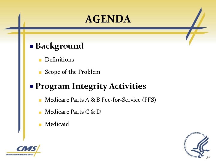 AGENDA Background Definitions Scope of the Problem Program Integrity Activities Medicare Parts A &