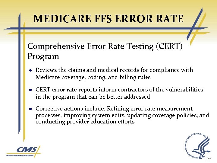 MEDICARE FFS ERROR RATE Comprehensive Error Rate Testing (CERT) Program Reviews the claims and