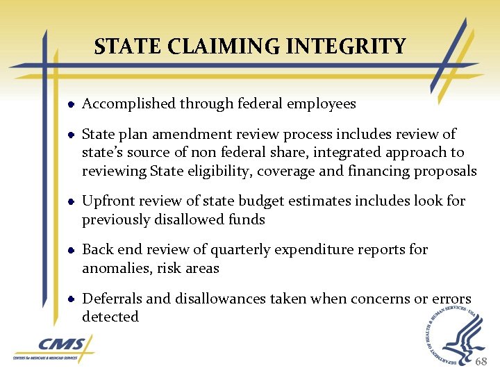 STATE CLAIMING INTEGRITY Accomplished through federal employees State plan amendment review process includes review