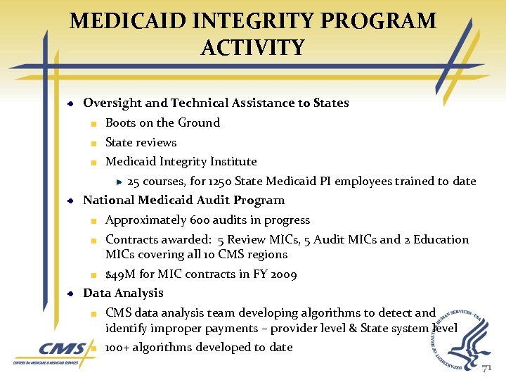 MEDICAID INTEGRITY PROGRAM ACTIVITY Oversight and Technical Assistance to States Boots on the Ground