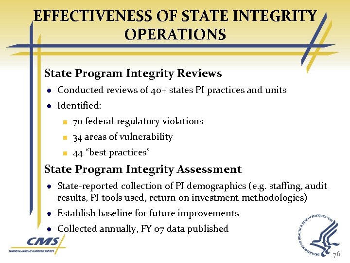 EFFECTIVENESS OF STATE INTEGRITY OPERATIONS State Program Integrity Reviews Conducted reviews of 40+ states