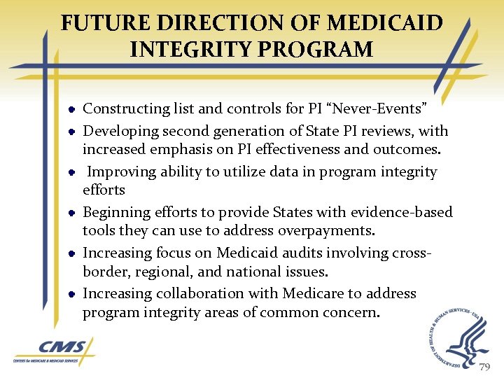 FUTURE DIRECTION OF MEDICAID INTEGRITY PROGRAM Constructing list and controls for PI “Never-Events” Developing