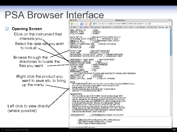 PSA Browser Interface Opening Screen Click on the instrument that interests you Select the