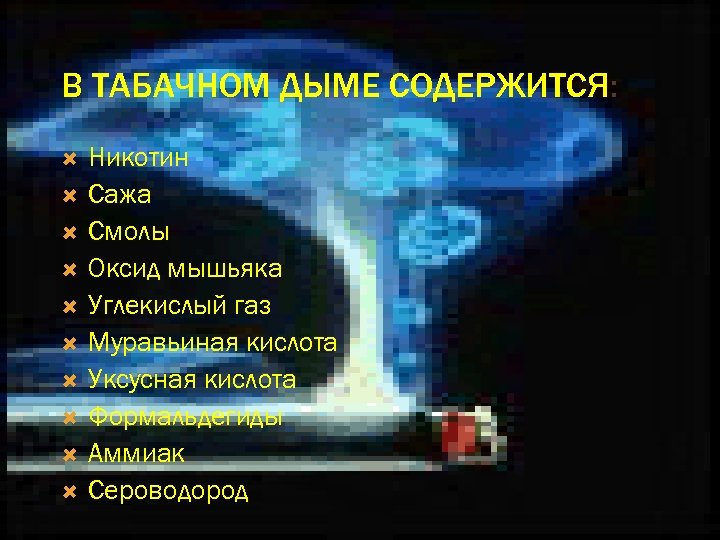 В ТАБАЧНОМ ДЫМЕ СОДЕРЖИТСЯ: Никотин Сажа Смолы Оксид мышьяка Углекислый газ Муравьиная кислота Уксусная