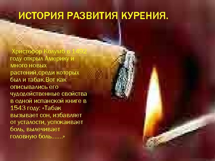 ИСТОРИЯ РАЗВИТИЯ КУРЕНИЯ. Христофор Колумб в 1492 году открыл Америку и много новых растений,