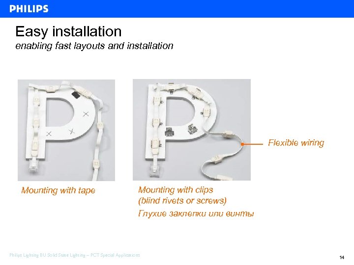 Easy installation enabling fast layouts and installation Flexible wiring Mounting with tape Mounting with