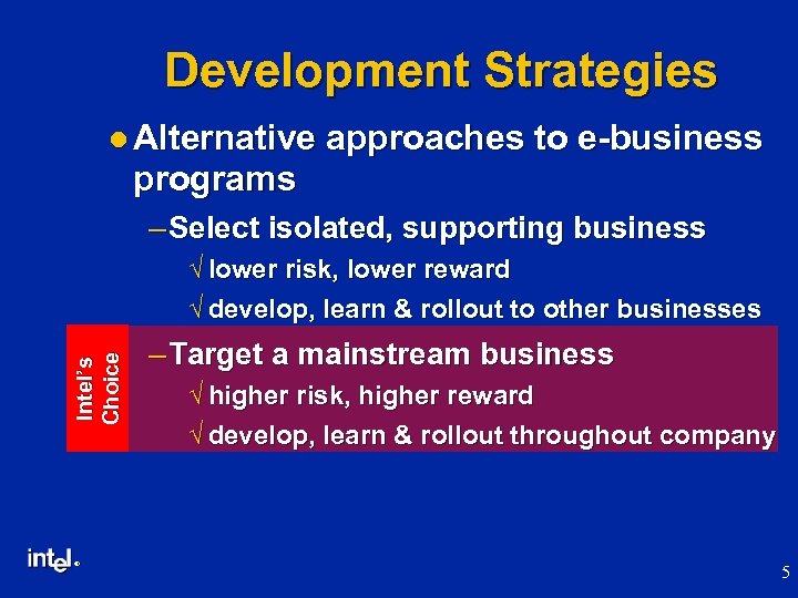 Development Strategies l Alternative programs approaches to e-business – Select isolated, supporting business Intel’s