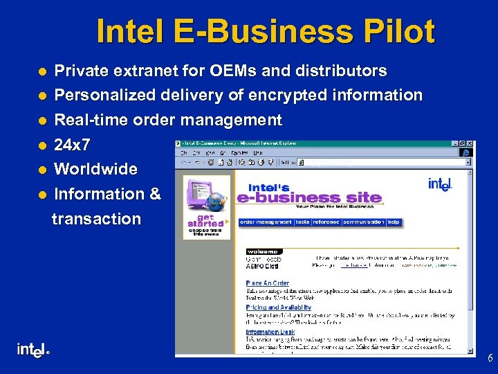 Intel E-Business Pilot Private extranet for OEMs and distributors l Personalized delivery of encrypted