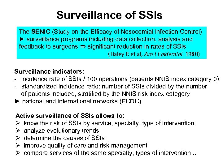 Surveillance of SSIs The SENIC (Study on the Efficacy of Nosocomial Infection Control) ►