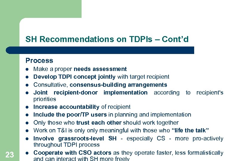 SH Recommendations on TDPIs – Cont’d Process l l l l l 23 l