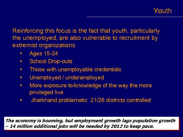 Youth Reinforcing this focus is the fact that youth, particularly the unemployed, are also