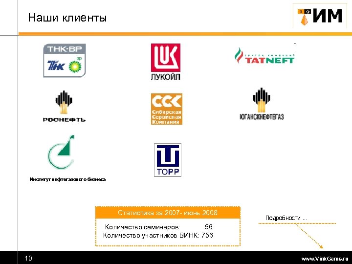Наши клиенты Институт нефтегазового бизнеса Статистика за 2007 - июнь 2008 Подробности … Количество