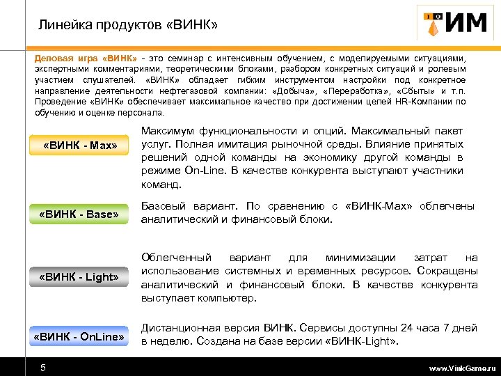 Линейка продуктов «ВИНК» Деловая игра «ВИНК» - это семинар с интенсивным обучением, с моделируемыми