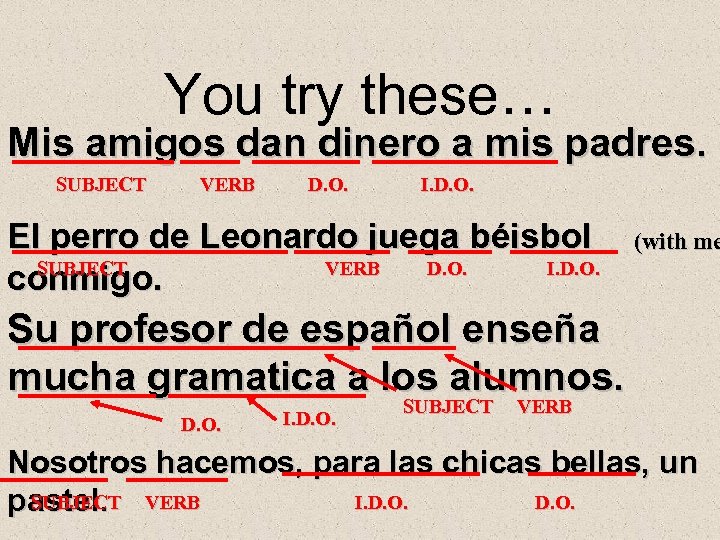 You try these… Mis amigos dan dinero a mis padres. SUBJECT VERB D. O.