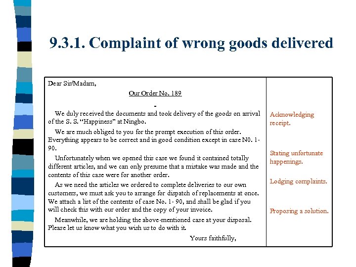 9. 3. 1. Complaint of wrong goods delivered Dear Sir/Madam, Our Order No. 189