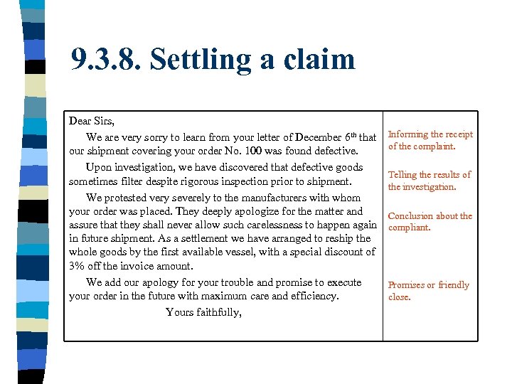 9. 3. 8. Settling a claim Dear Sirs, We are very sorry to learn