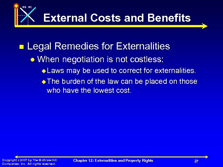 MB MC External Costs and Benefits n Legal Remedies for Externalities l When negotiation