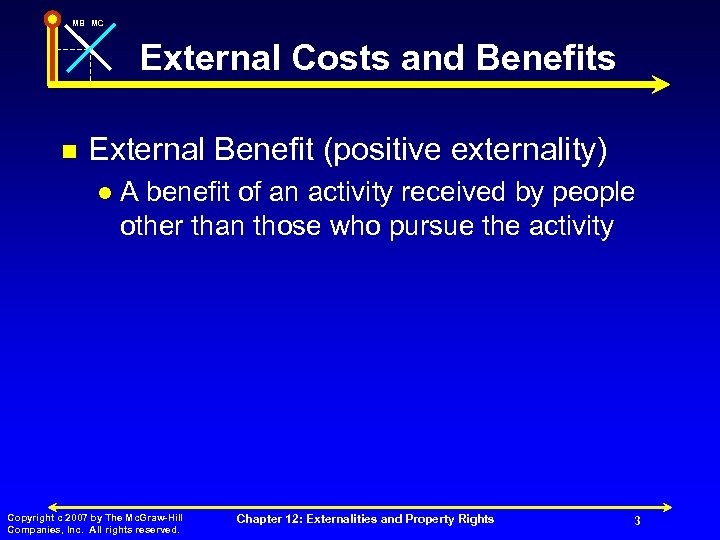 MB MC External Costs and Benefits n External Benefit (positive externality) l A benefit