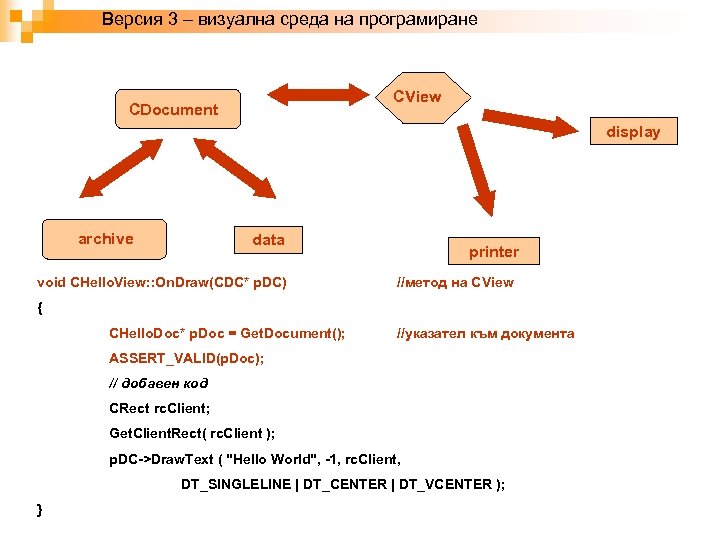 Версия 3 – визуална среда на програмиране CView CDocument display archive data void CHello.