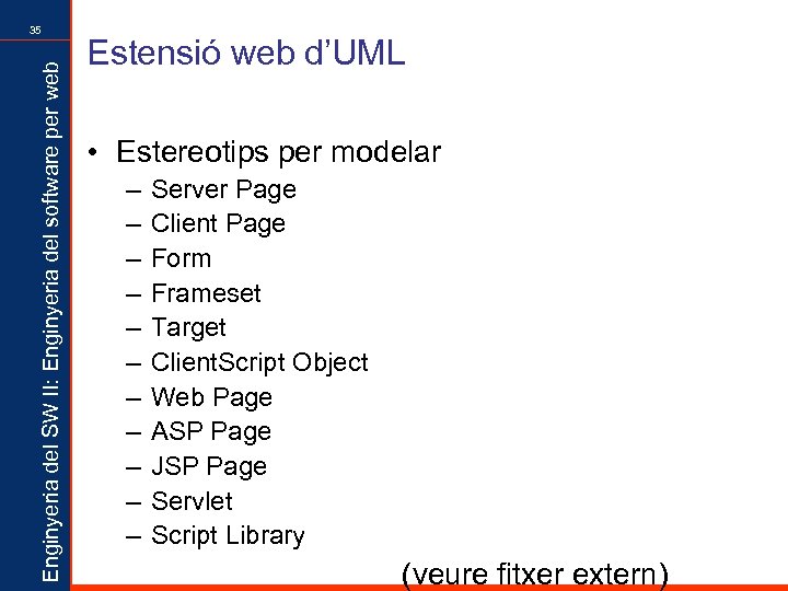 Enginyeria del SW II: Enginyeria del software per web 35 Estensió web d’UML •