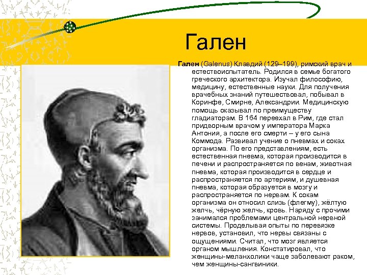 Гален (Galenus) Клавдий (129– 199), римский врач и естествоиспытатель. Родился в семье богатого греческого