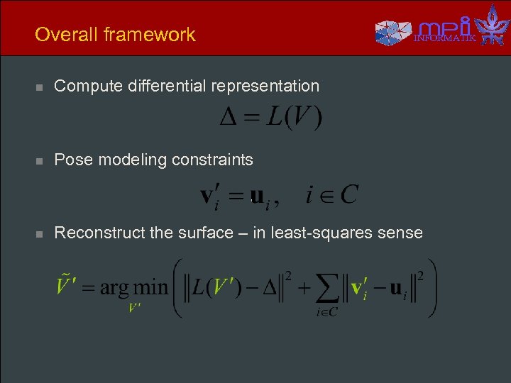Overall framework INFORMATIK n Compute differential representation n Pose modeling constraints n Reconstruct the