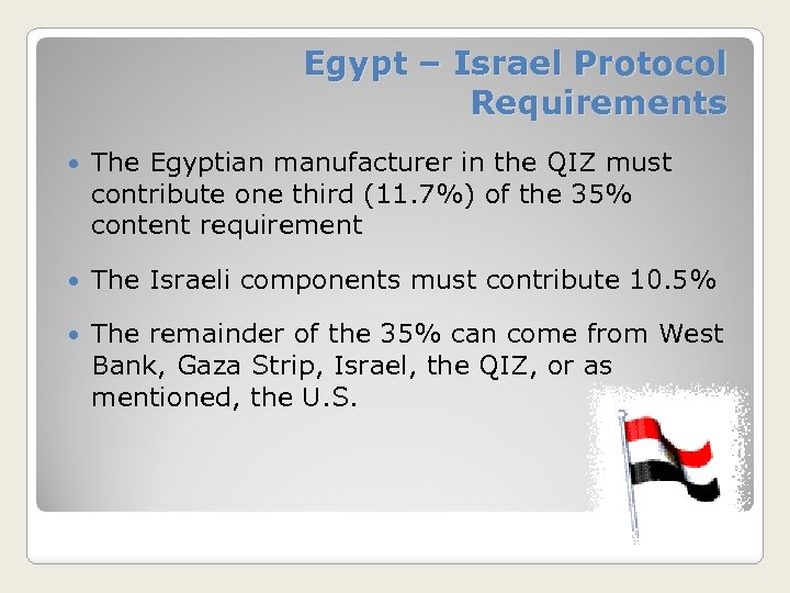 Egypt – Israel Protocol Requirements The Egyptian manufacturer in the QIZ must contribute one