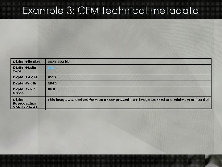Example 3: CFM technical metadata Digital-File Size 3975. 393 kb Digital-Media Type JP 2