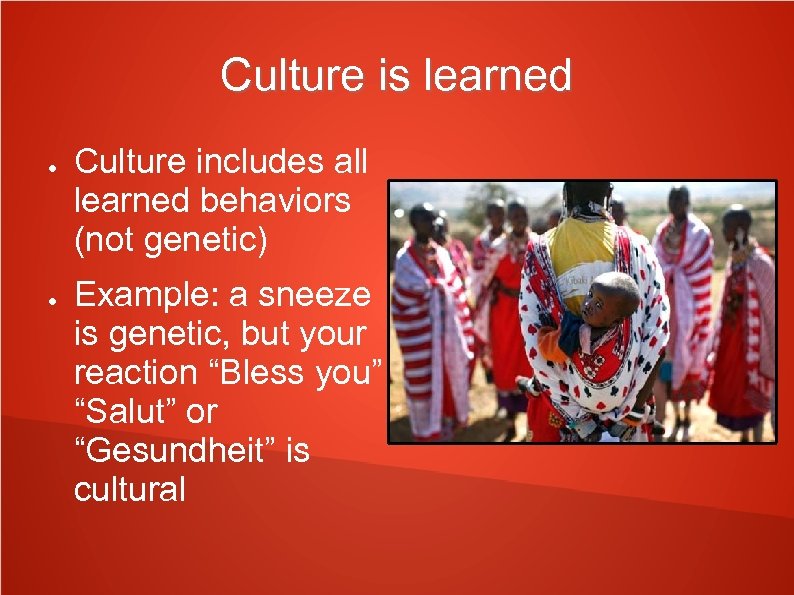 Culture is learned ● ● Culture includes all learned behaviors (not genetic) Example: a