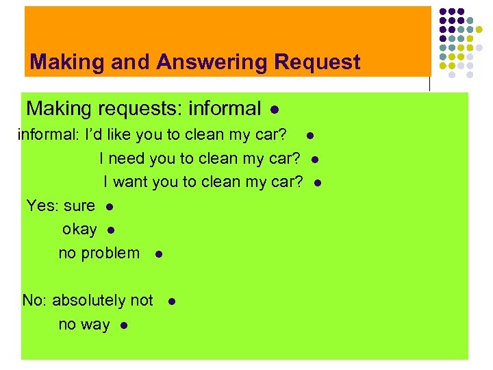 Making and Answering Request Making requests: informal l informal: I’d like you to clean