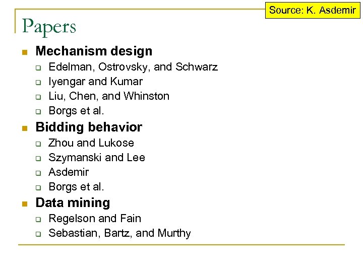 Papers n Mechanism design q q n Bidding behavior q q n Edelman, Ostrovsky,