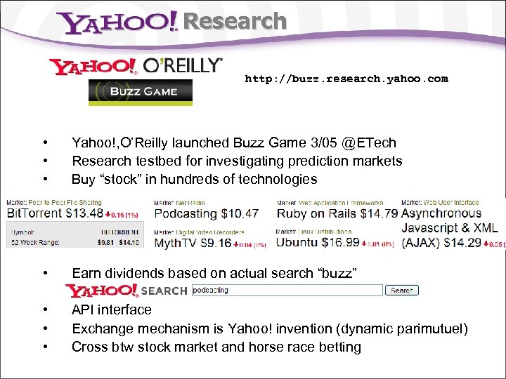 Research http: //buzz. research. yahoo. com • • • Yahoo!, O’Reilly launched Buzz Game