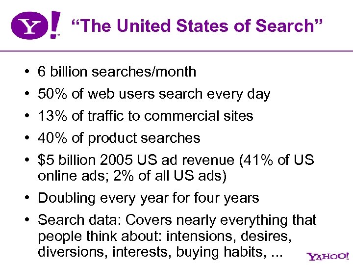 “The United States of Search” • • • 6 billion searches/month 50% of web