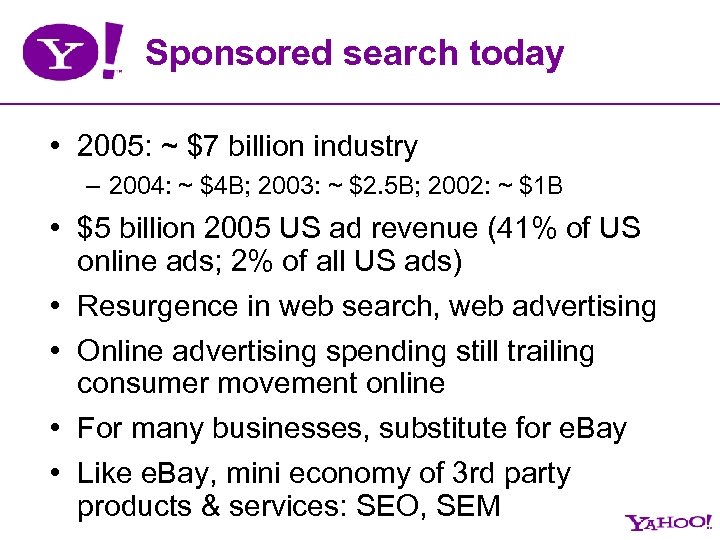 Sponsored search today • 2005: ~ $7 billion industry – 2004: ~ $4 B;