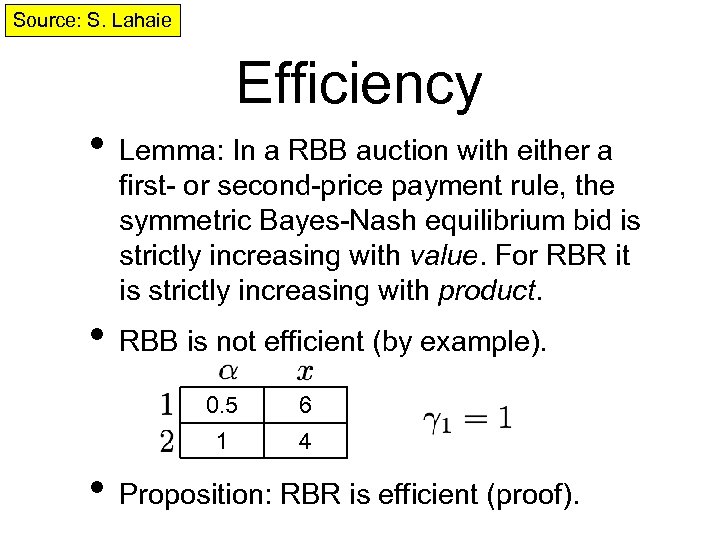 Source: S. Lahaie Efficiency • Lemma: In a RBB auction with either a first-