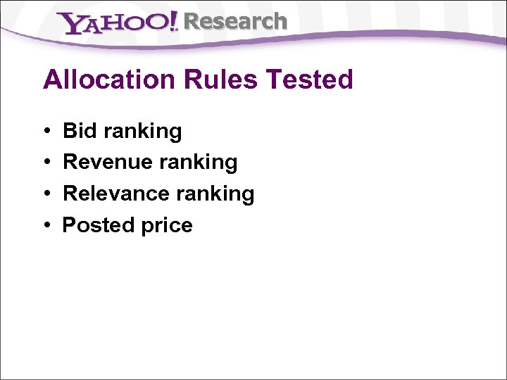 Research Allocation Rules Tested • • Bid ranking Revenue ranking Relevance ranking Posted price