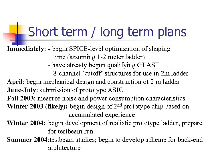 Short term / long term plans Immediately: - begin SPICE-level optimization of shaping time