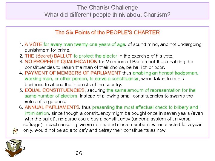 The Chartist Challenge What did different people think about Chartism? The Six Points of