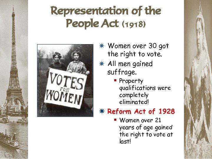 Representation of the People Act (1918) * Women over 30 got the right to