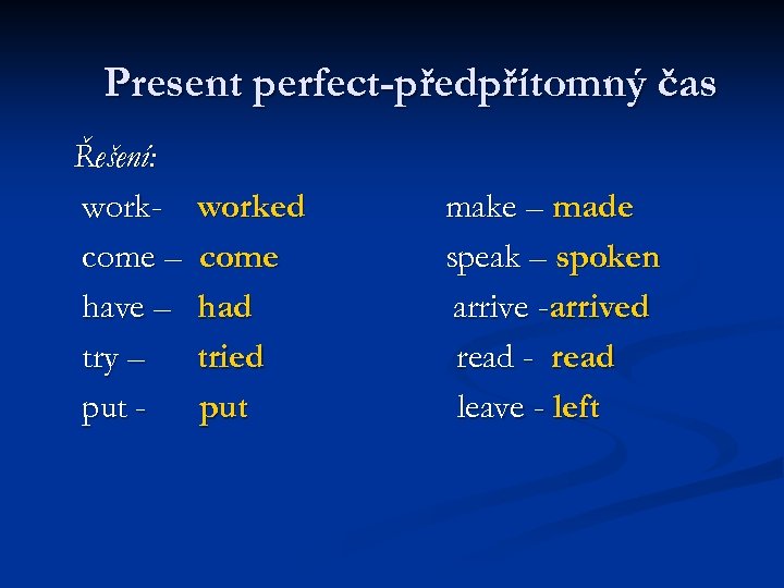 Present perfect-předpřítomný čas Řešení: workcome – have – try – put - worked come