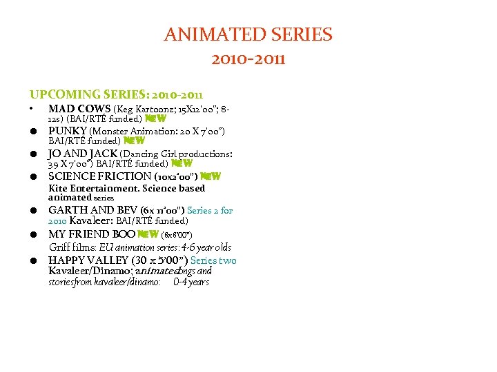 ANIMATED SERIES 2010 -2011 UPCOMING SERIES: 2010 -2011 • • MAD COWS (Keg Kartoonz;