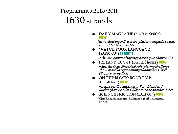 Programmes 2010 -2011 1630 strands • DAILY MAGAZINE (c. 170 x 20’ 00”) new